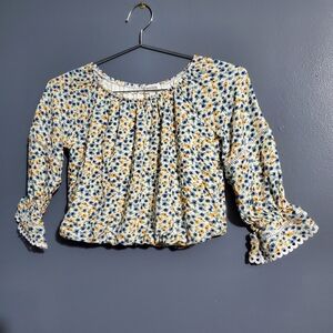 Speechless Girls White Crop Blouse Blue Yellow Flowers Floral 3/4 Sleeve Size L